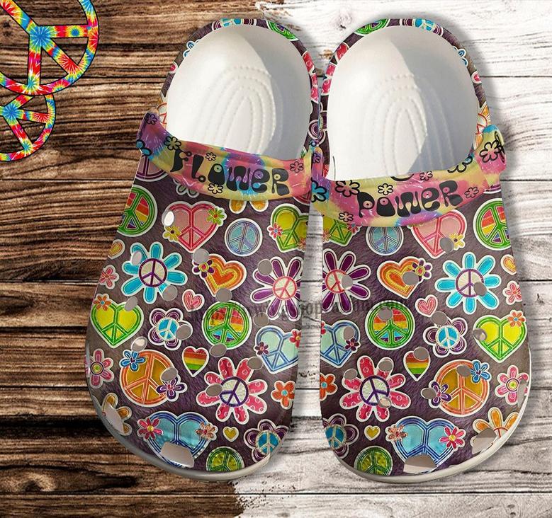 Heart Hippie Peace Flower Sticker Croc Shoes For Women- Hippie Flower World Shoes Croc Clogs