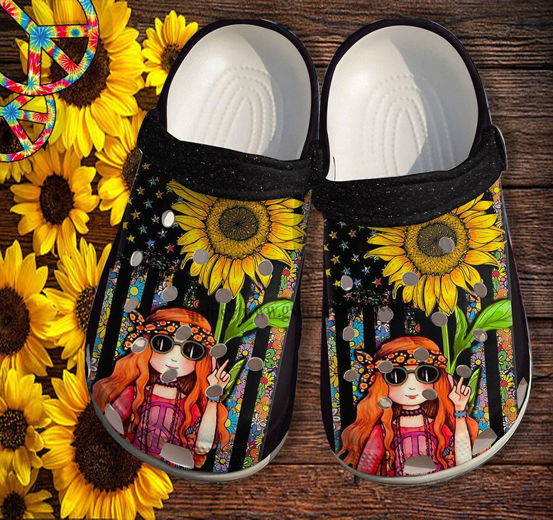 Hippie Daughter Gifts Sunflower Hippie Girl Clog Shoes Customize - America Flag Hippie Sunflower Shoes Clog Clogs