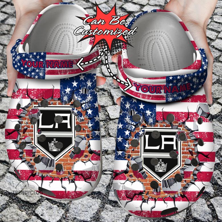 Hockey Personalized La Kings American Flag Breaking Wall Clog Shoes