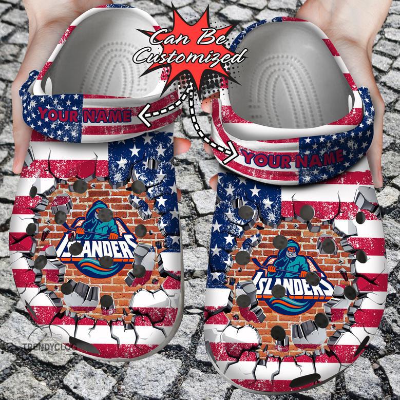 Hockey Personalized Ny Islanders American Flag Breaking Wall Clog Shoes