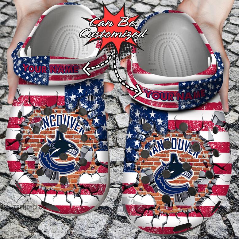 Hockey Personalized Vcanucks American Flag Breaking Wall Clog Shoes