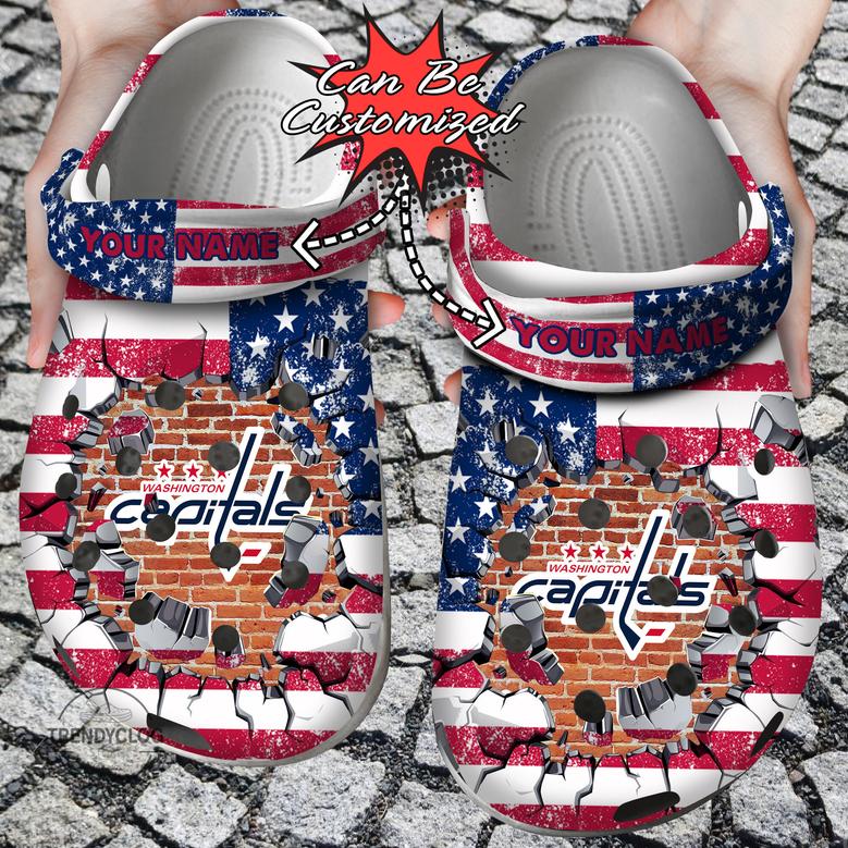 Hockey Personalized Wcapitals American Flag Breaking Wall Clog Shoes