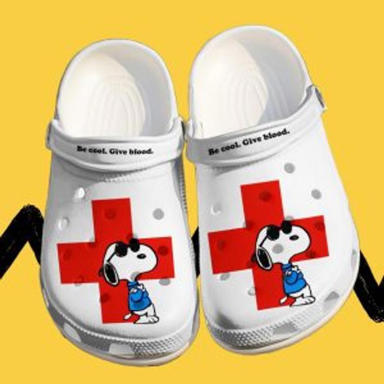 Red Cross Be Cool Give Blood Snoopy Custom Name White Clogs Shoes