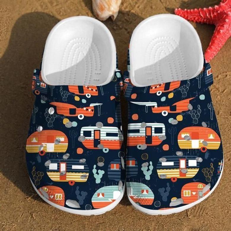 Camping Trailer Pattern Camping Summer Camping Shoes Happy Camper Rubber Clog Shoes Comfy Footwear
