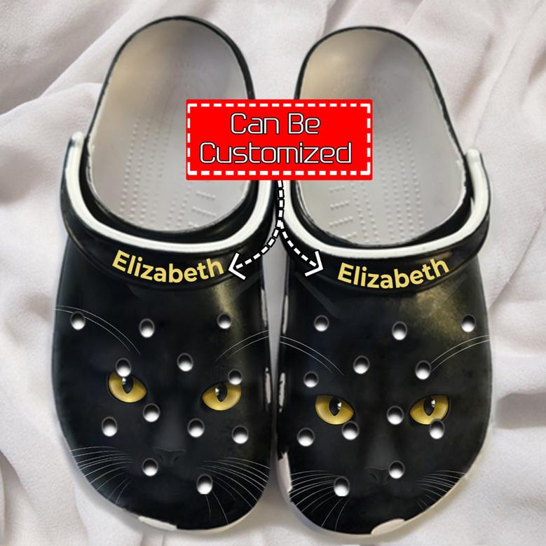 Cat - Black Cat Face Print Personalized Clogs Shoes With Your Name For Men And Women