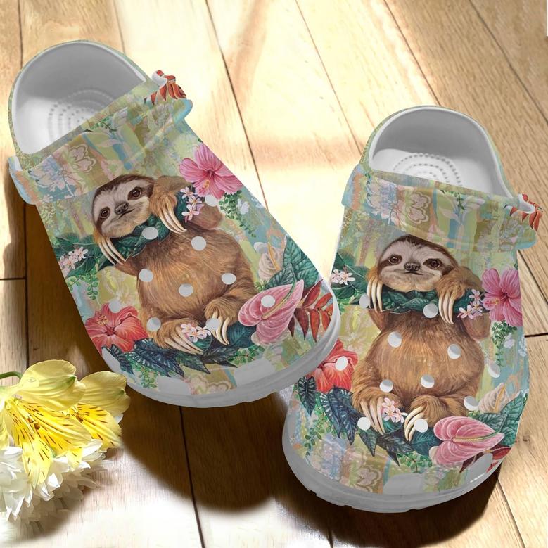 Lazy Sloth Loves Flower Shoes - Funny Animal Crocbland Clog Birthday Gift For Woman Girl Daughter Friend