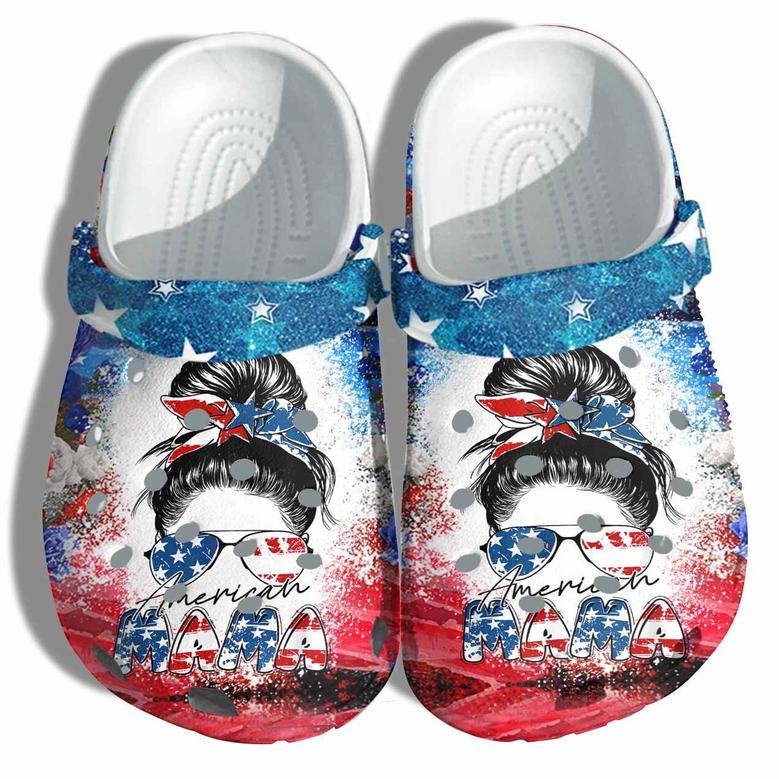 Mama America 4Th Of July Shoes Gift Women - Messy Bun Lady Mom America Flag Twinkle Mother Shoes Thanksgiving Gift