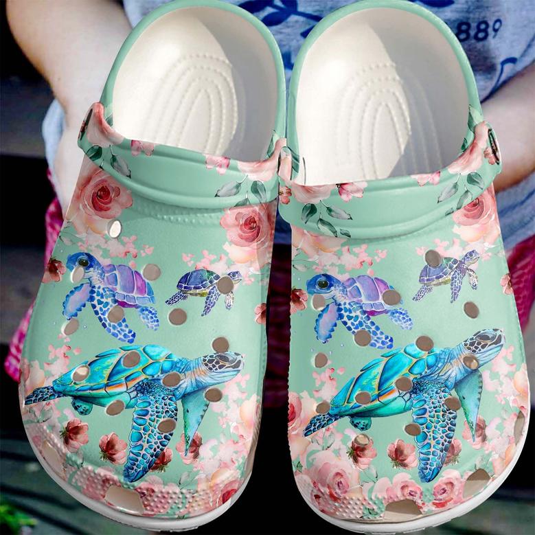 Sea Turtles With Roses Shoes - Beautiful Ocean Flower Shoes Crocbland Clog For Men And Women
