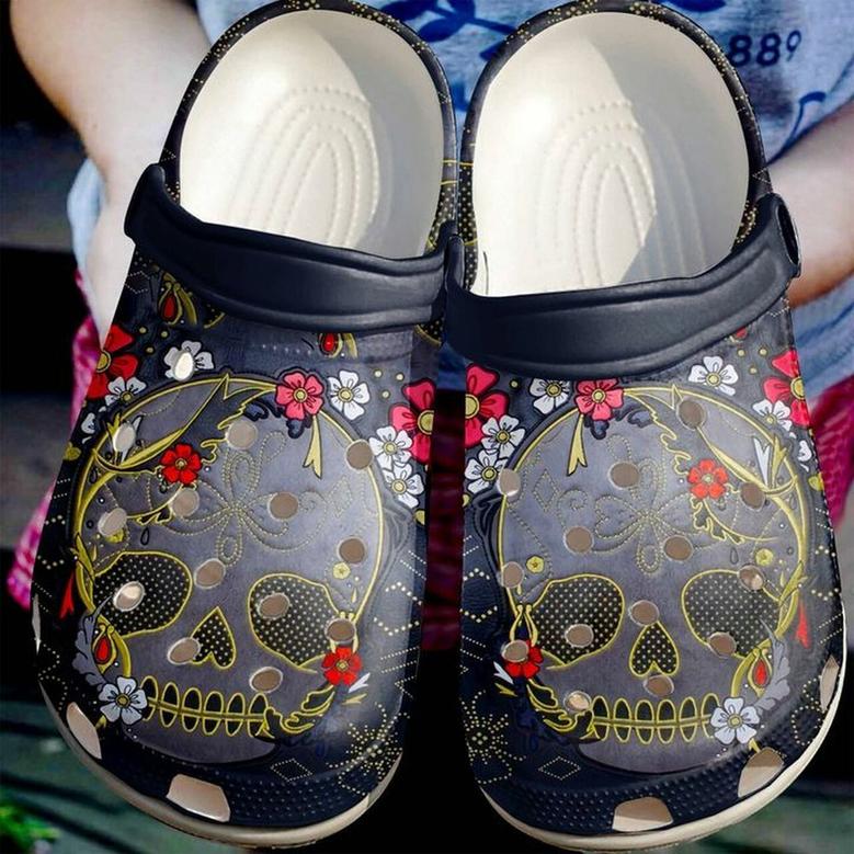 Skull And Flower Floral 102 Gift For Lover Rubber Clog Shoes Comfy Footwear