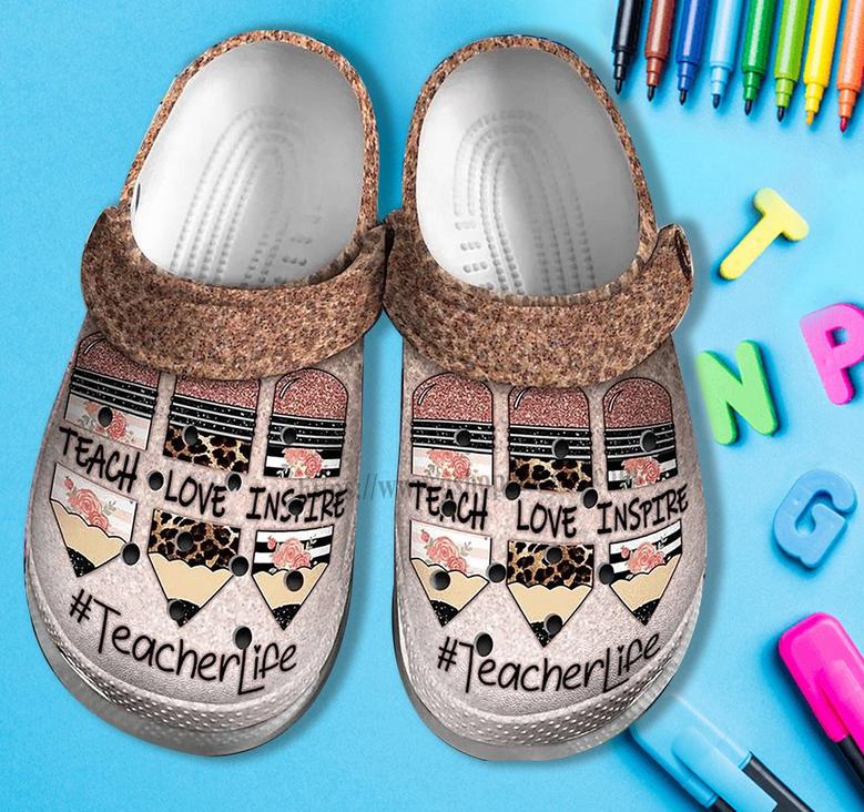 Teacher Life Love Inspire Shoes For Wife Mother Day- Teacher Pencil Twinkle Leopard Shoes Croc Clogs Customize