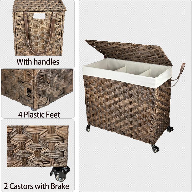 Brown Wicker Laundry Basket with Lid, 39.6 Gallon (150L) Laundry Hamper with Wheels
