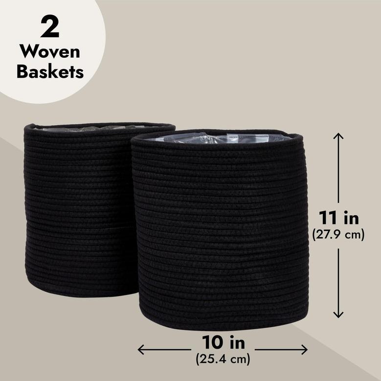 Set of 2 Black Decorative Jute Planter Pot with Plastic Liner Woven Basket for Plants Floor Plants Storage