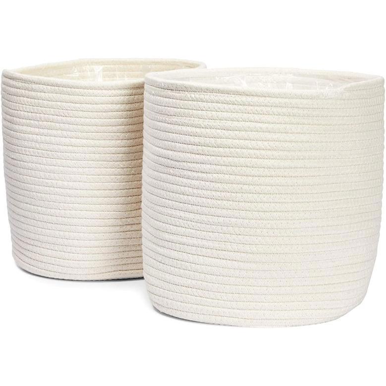 Set of 2 Decorative Jute Planter Pot with Plastic Liner Woven Basket for Plants Floor Storage