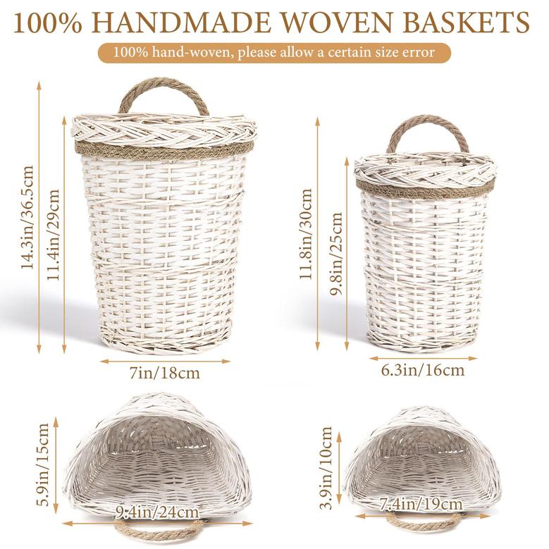 Set of 2 White Handmade Wall Hanging Baskets Woven Wicker Wall Baskets Farmhouse Wall Decor