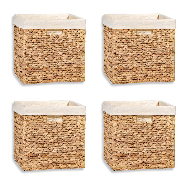 Set of 4 12" Foldable Hyacinth Storage Basket with Iron Wire Frame and Removable Liner