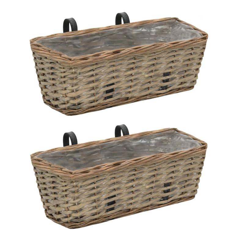 Rectangular Wicker Balcony Planters with PE Lining Rustic Brown Garden and Patio Flower Pots Set of 2