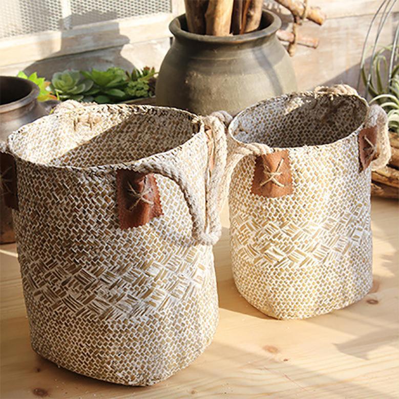 Rural Style Storage Of Natural Straw Woven Flower Pots with Handles