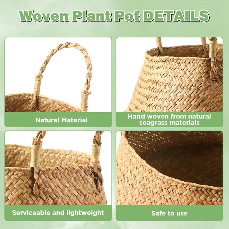 Set of 4 Large Sedge Wicker Planters Belly Basket Plant Basket with Handles