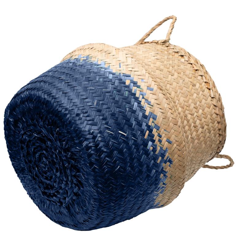 Small 12.5in Natural Blue Sedge Wicker Planters Belly Basket Belly Basket for Plant, Grocery, Picnic, Laundry