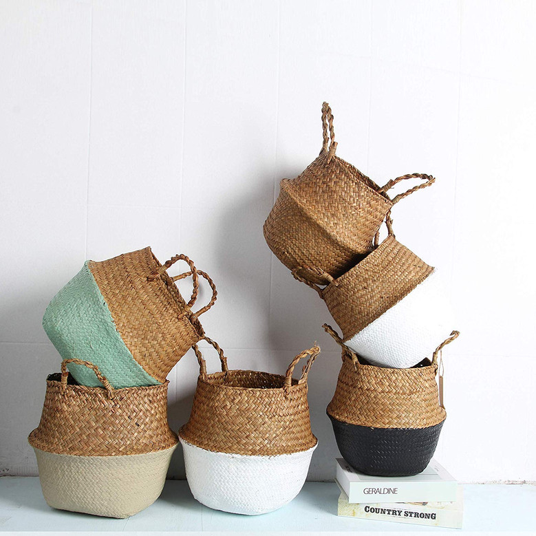 Woven Sedge Wicker Planters Belly Basket for Storage, Laundry, Picnic, Plant Pot Cover, and Grocery and Toy Storage