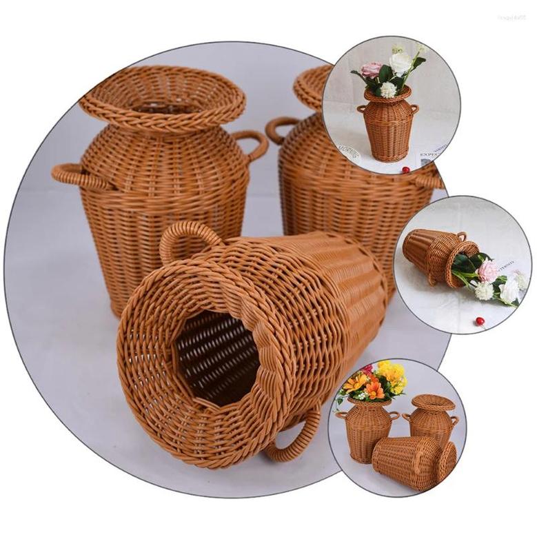 Tall Light Brown Vases Rattan Decorative Storage Basket Woven Pot With Handle