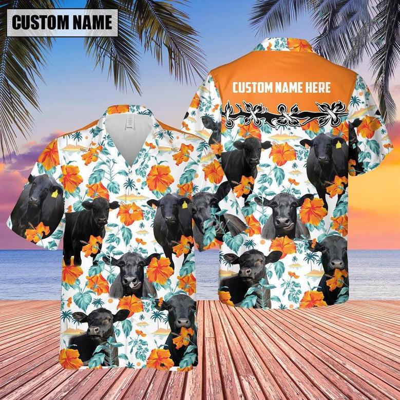 Black Angus Hibiscus Floral Custom Name Hawaiian Shirt, Farm Hawaiian Shirt, Farmer Hawaii