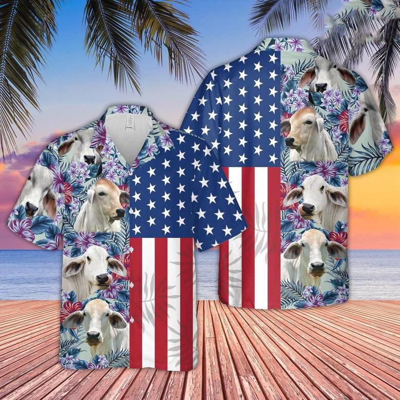 Brahman Cattle Flower Pattern US Flag Hawaiian Shirt, Farm Hawaiian Shirt, Farmer Hawaii