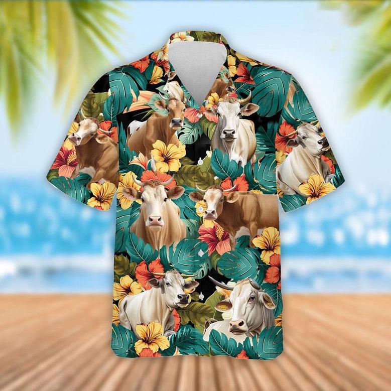 Brahman Cattle Tropical Flowers Hawaiian Shirt, Farm Hawaiian Shirt, Farmer Hawaii