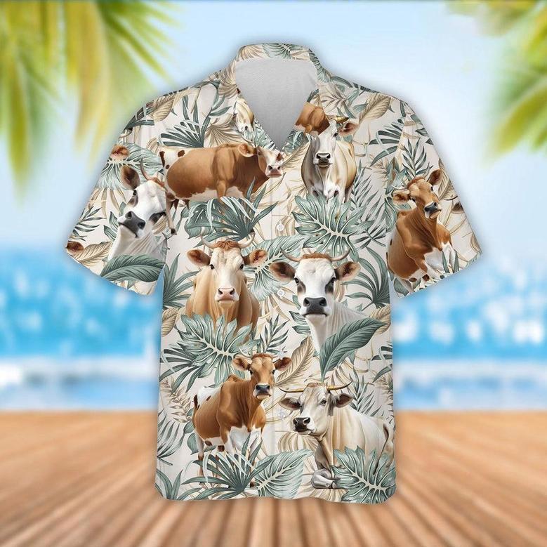 Brahman Cattle Tropical Leaf Pattern Hawaiian Shirt, Farm Hawaiian Shirt, Farmer Hawaii