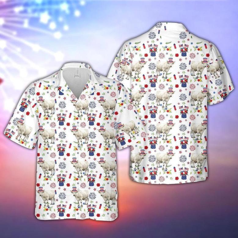 Charolais American Flag And Firework Pattern Hawaiian Shirt, Farm Hawaiian Shirt, Farmer Hawaii