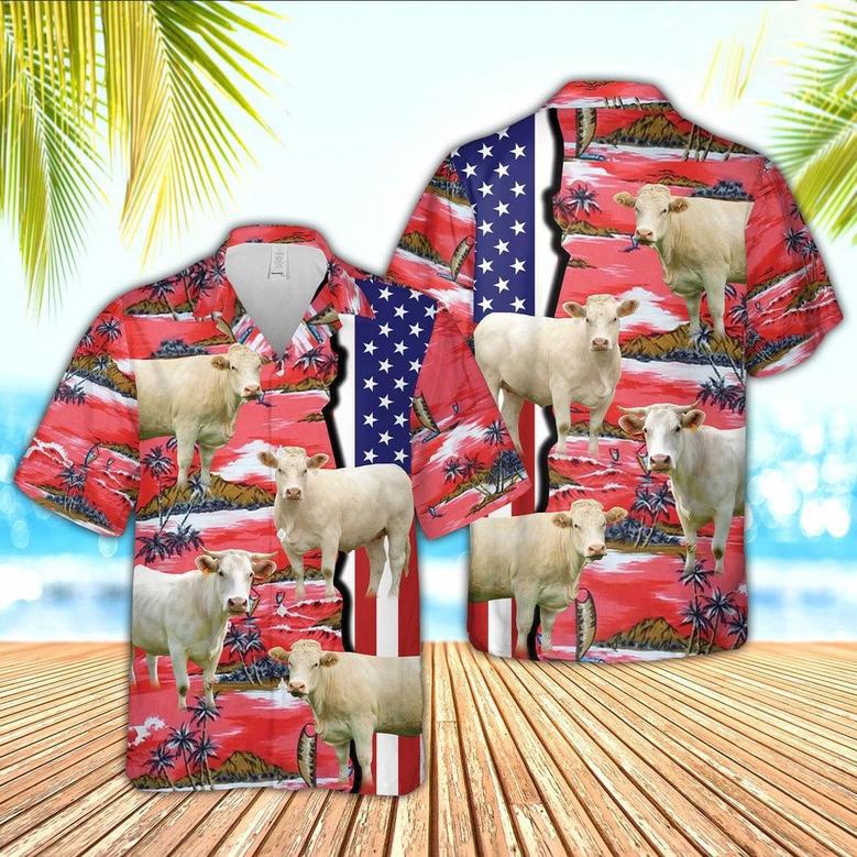 Charolais American Flag Farming Hawaiian Shirt, Farm Hawaiian Shirt, Farmer Hawaii