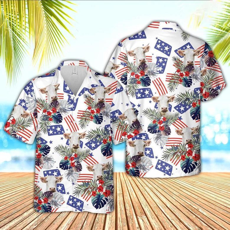 Charolais American Little Flowers And Flag Pattern Hawaiian Shirt, Farm Hawaiian Shirt, Farmer Hawaii