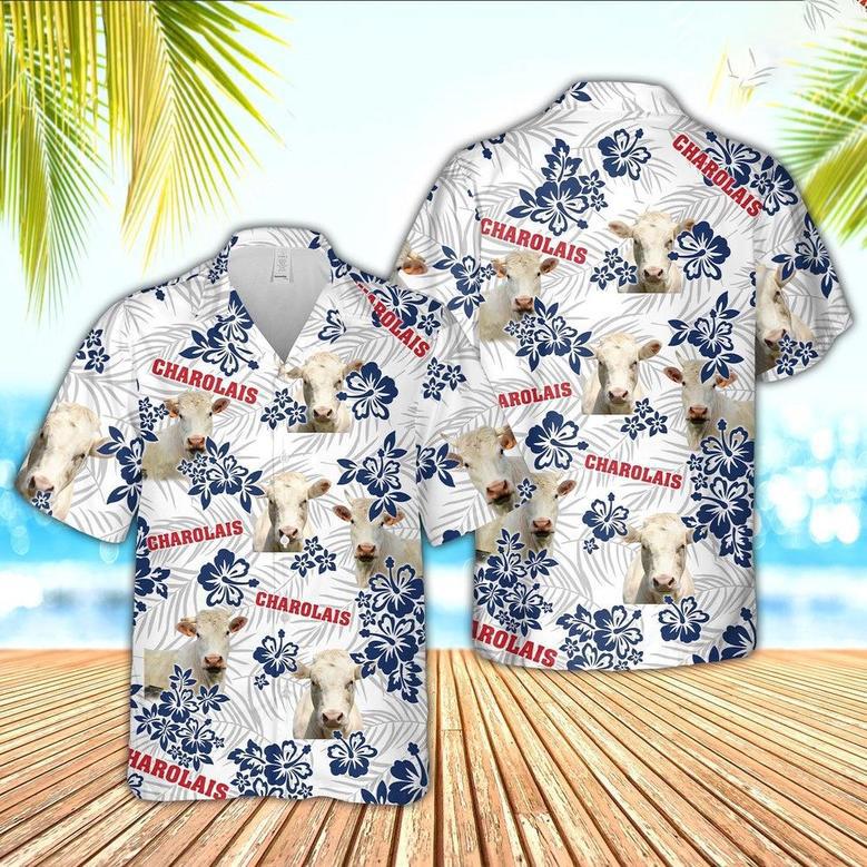 Charolais American White Flowers Pattern Hawaiian Shirt, Farm Hawaiian Shirt, Farmer Hawaii