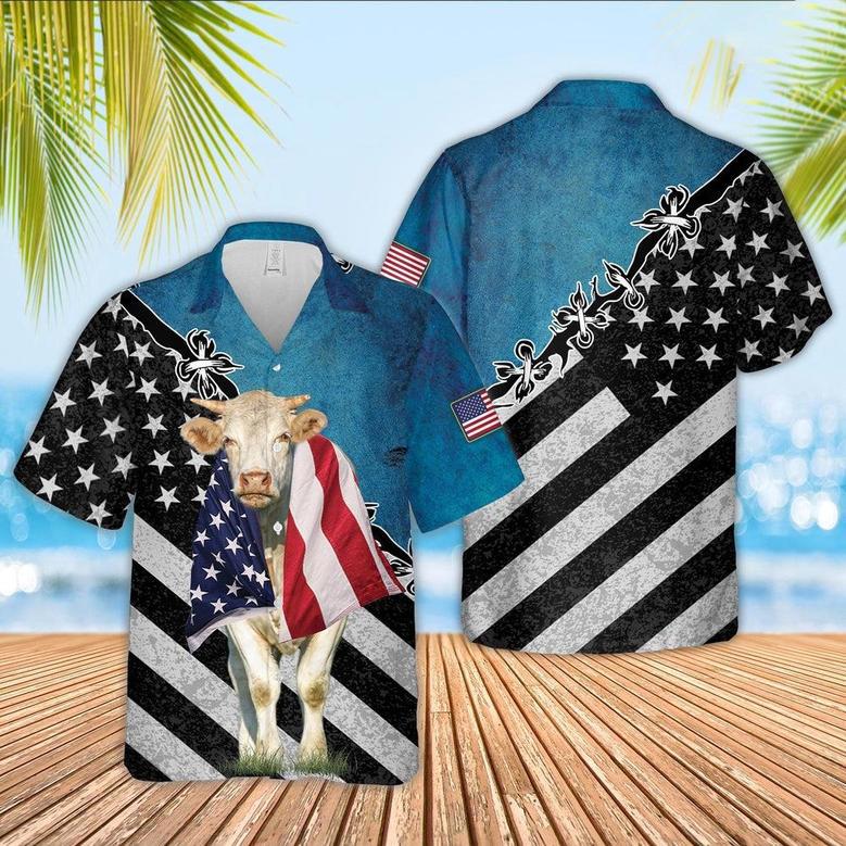 Charolais Cattle American Flag Hawaiian Shirt, Farm Hawaiian Shirt, Farmer Hawaii