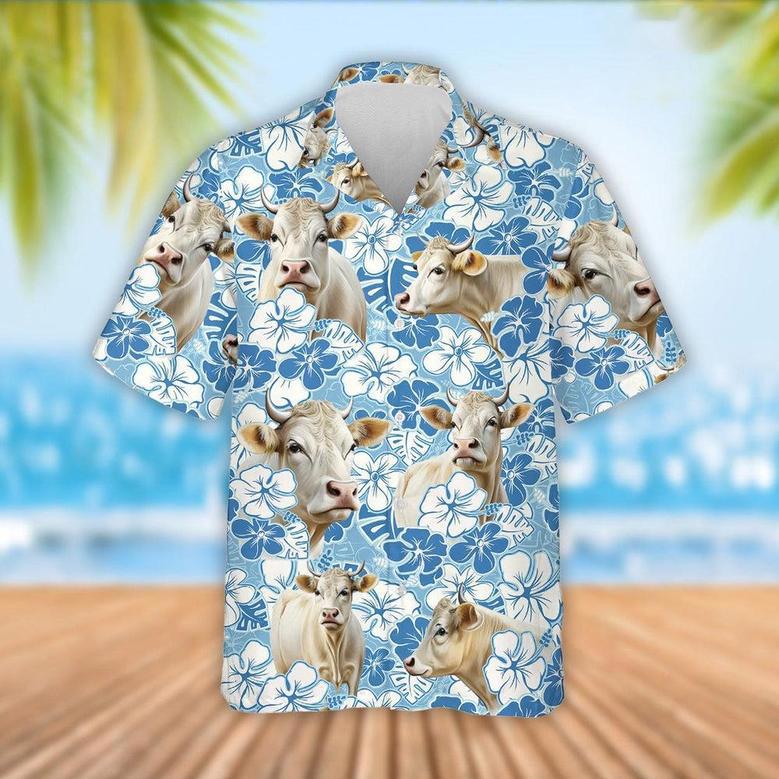 Charolais Cattle Blue Flower Pattern Hawaiian Shirt, Farm Hawaiian Shirt, Farmer Hawaii