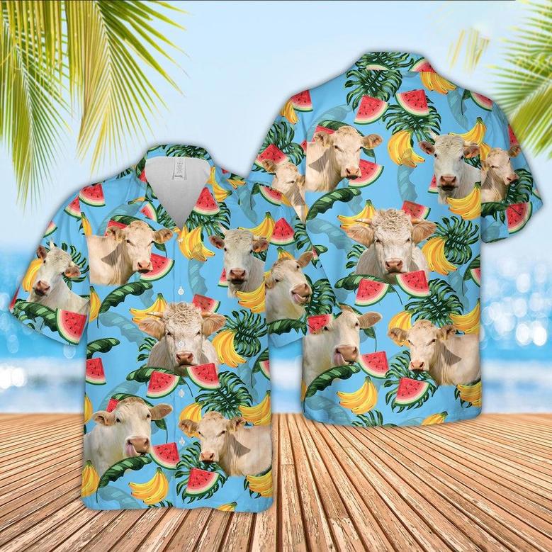 Charolais Cattle Blue Tropical Fruits Pattern Hawaiian Shirt, Farm Hawaiian Shirt, Farmer Hawaii