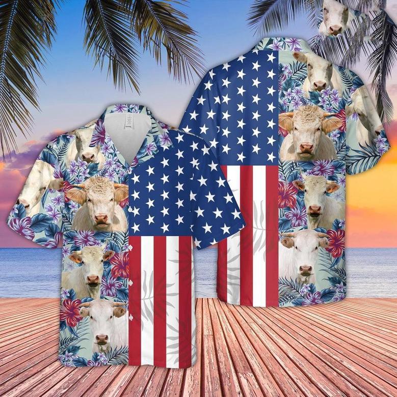 Charolais Cattle Flower Pattern US Flag Hawaiian Shirt, Farm Hawaiian Shirt, Farmer Hawaii