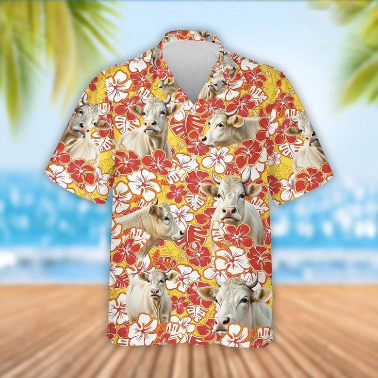 Charolais Cattle Orange Flower Pattern Hawaiian Shirt, Farm Hawaiian Shirt, Farmer Hawaii