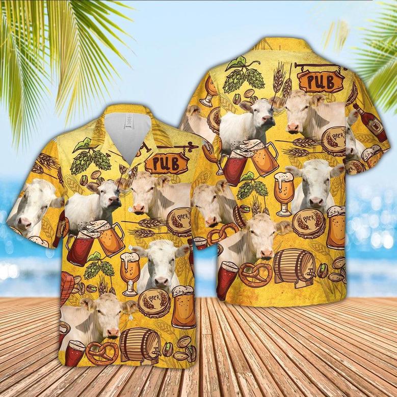 Charolais Drink Beer Pattern Hawaiian Shirt, Farm Hawaiian Shirt, Farmer Hawaii