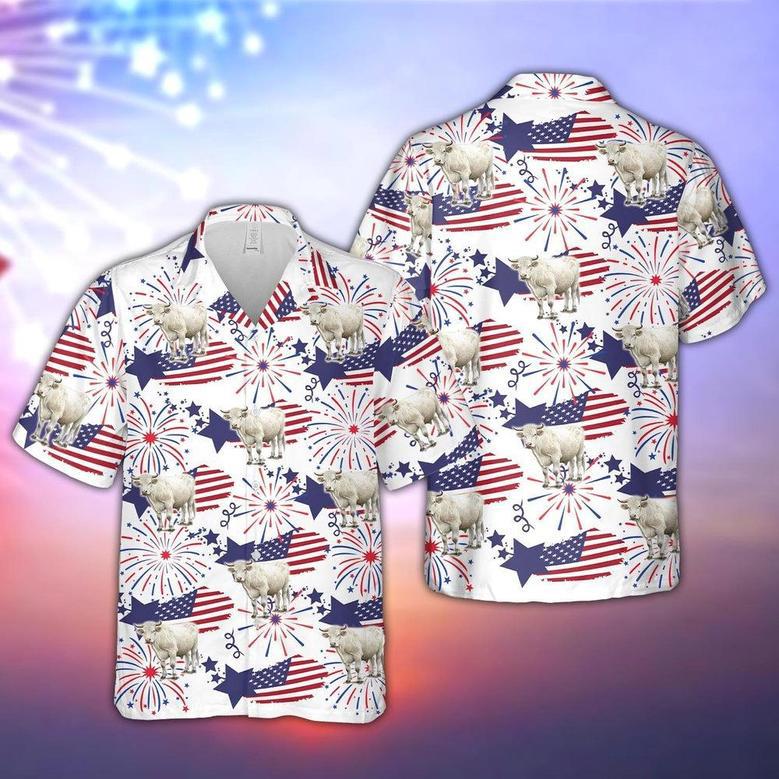 Charolais Happy Firework Flag Hawaiian Shirt, Farm Hawaiian Shirt, Farmer Hawaii