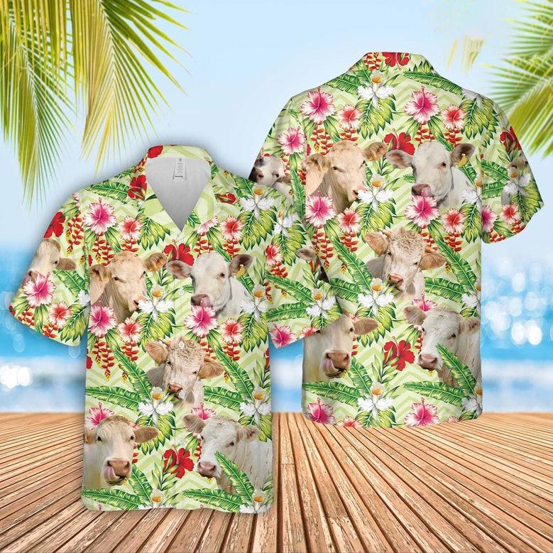 Charolais Hibicus Floral Hawaiian Shirt, Farm Hawaiian Shirt, Farmer Hawaii