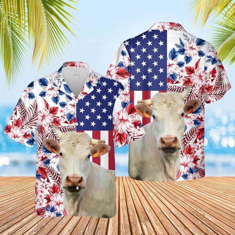 Charolais US Flag Flower Hawaiian Shirt, Farm Hawaiian Shirt, Farmer Hawaii