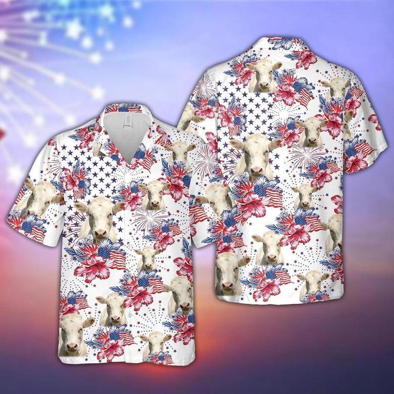 Charolais US Flag Flower Pattern Hawaiian Shirt, Farm Hawaiian Shirt, Farmer Hawaii