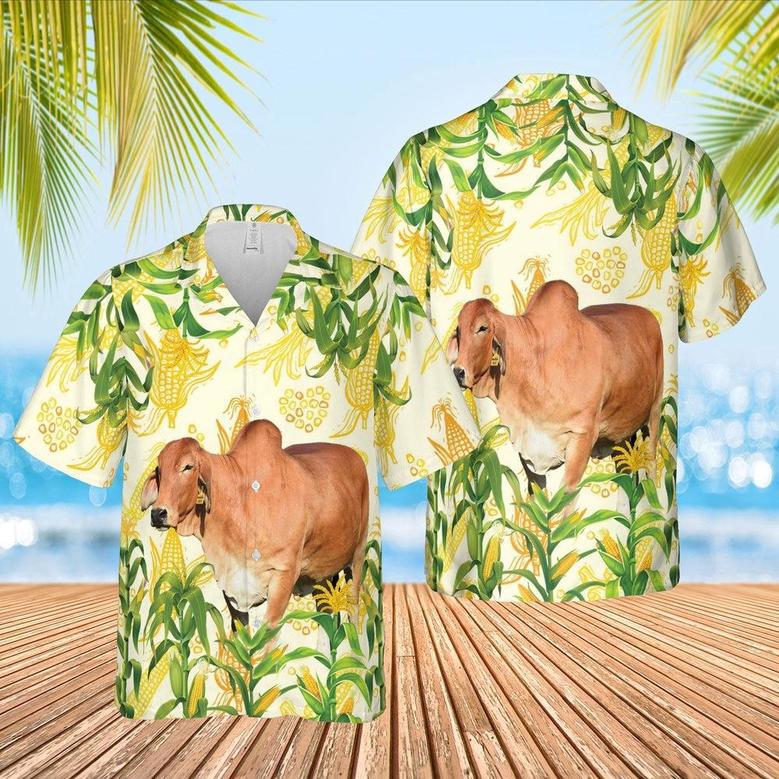 Corn Farm Red Brahman All Over Printed Hawaiian Shirt, Farm Hawaiian Shirt, Farmer Hawaii