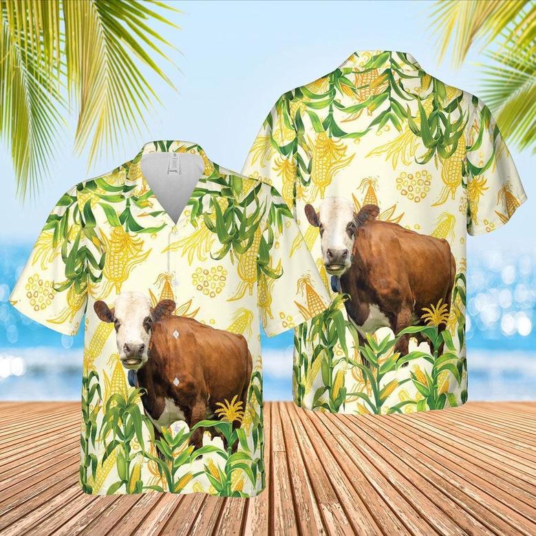 Corn Farm Simmental All Over Printed Hawaiian Shirt, Farm Hawaiian Shirt, Farmer Hawaii