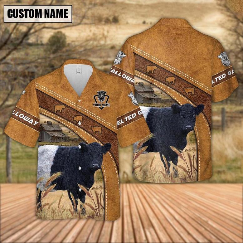 Custom Name Belted Galloway Leather Pattern Hawaiian Shirt, Farm Hawaiian Shirt, Farmer Hawaii