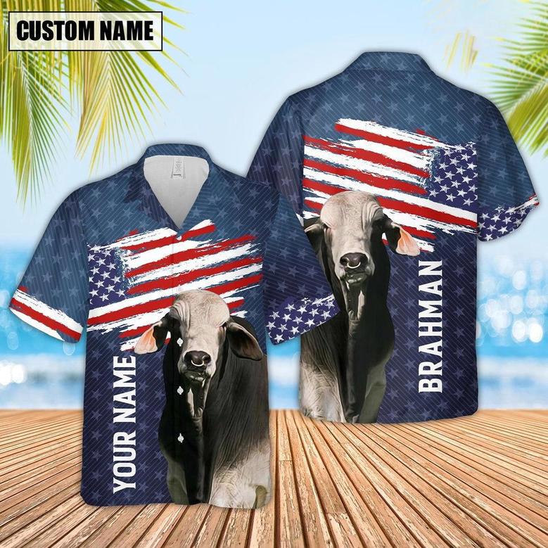 Custom Name Brahman Cattle US Flag Pattern Hawaiian Shirt, Farm Hawaiian Shirt, Farmer Hawaii