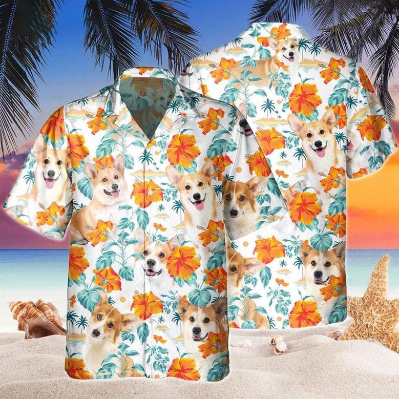 Custom Name Corgi Dog Hibiscus Flowers All Printed Hawaiian Shirt, Farm Hawaiian Shirt, Farmer Hawaii