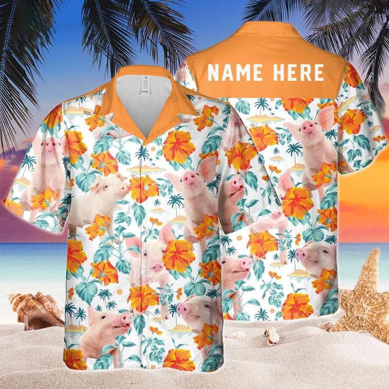 Custom Name Funny Pig Hibiscus Flowers All Printed Hawaiian Shirt, Farm Hawaiian Shirt, Farmer Hawaii