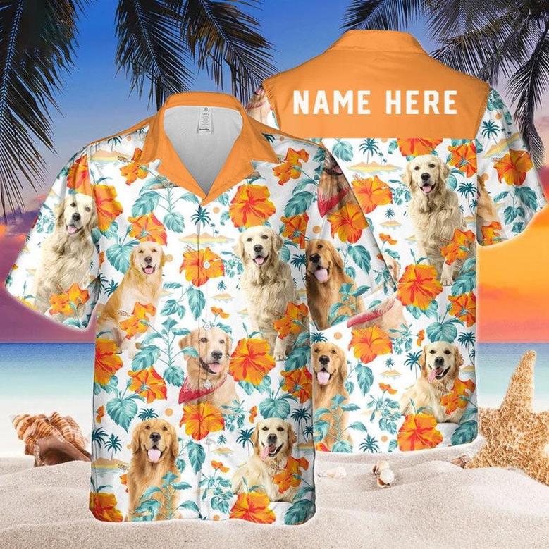 Custom Name Golden Retriever Dog Hibiscus Flowers All Printed Hawaiian Shirt, Farm Hawaiian Shirt, Farmer Hawaii